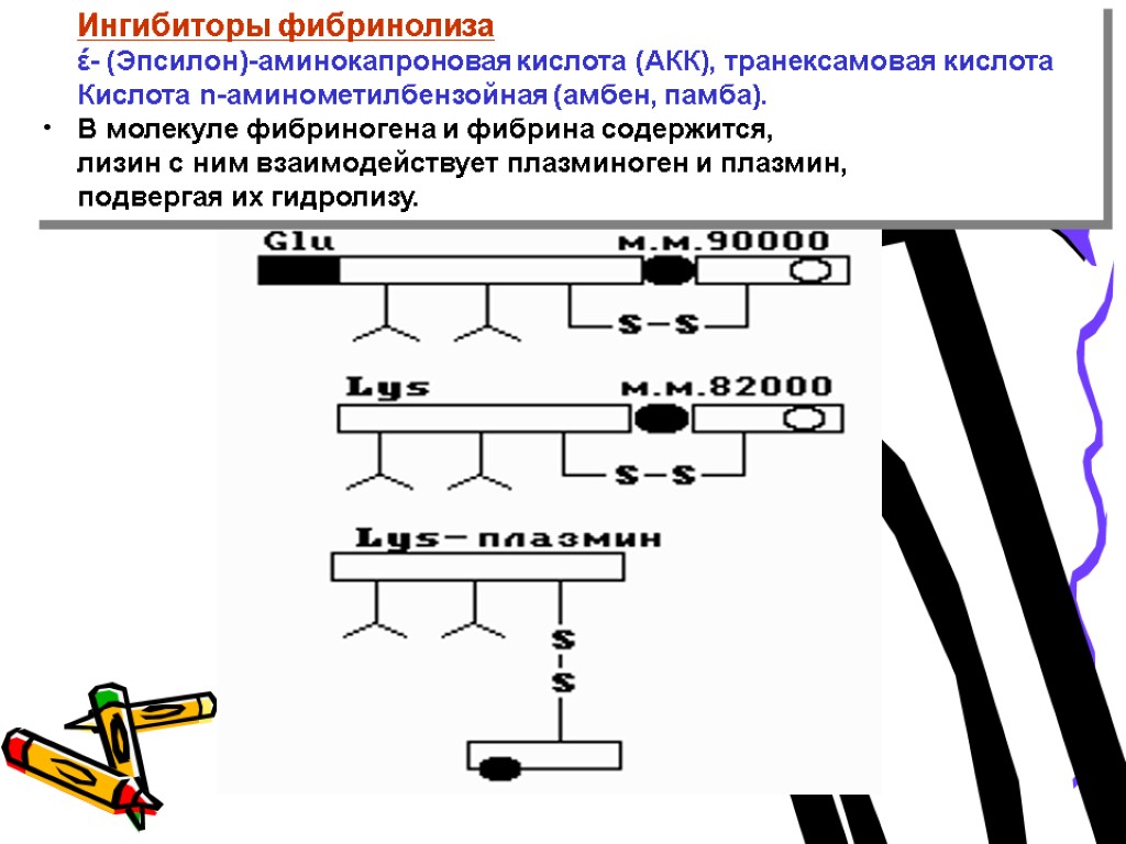 Ингибиторы фибринолиза έ- (Эпсилон)-аминокапроновая кислота (АКК), транексамовая кислота Кислота n-аминометилбензойная (амбен, памба). В молекуле